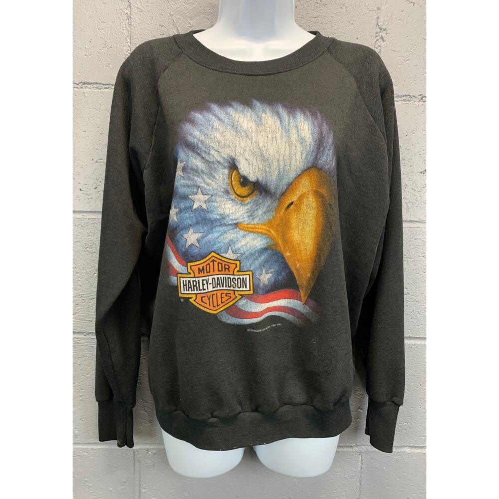 Vintage 1990s Harley Davidson 3D Emblem Eagle Raglan Sweatshirt Flag Size Med